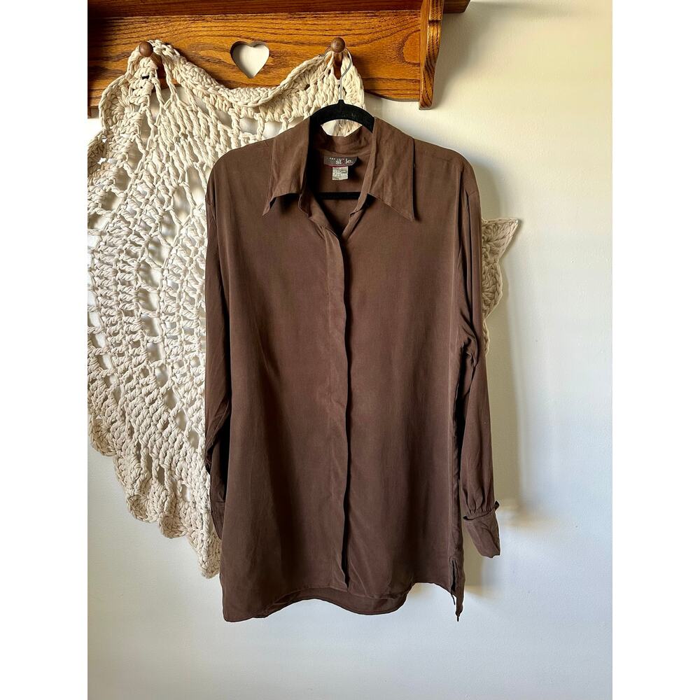 Vintage New York Style 90s Silk Minimalist Chocolate Brown Button Up Medium